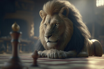 The Royal Lion King chess pieces on a chess board, winner of bussiness and successfully, management or leadership strategy and teamwork concept. Generative Ai - 589285441