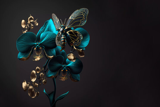 Turquoise orchid flower. Turquoise and gold butterfly on an orchid. Luxur orchid on a dark background. Generative AI
