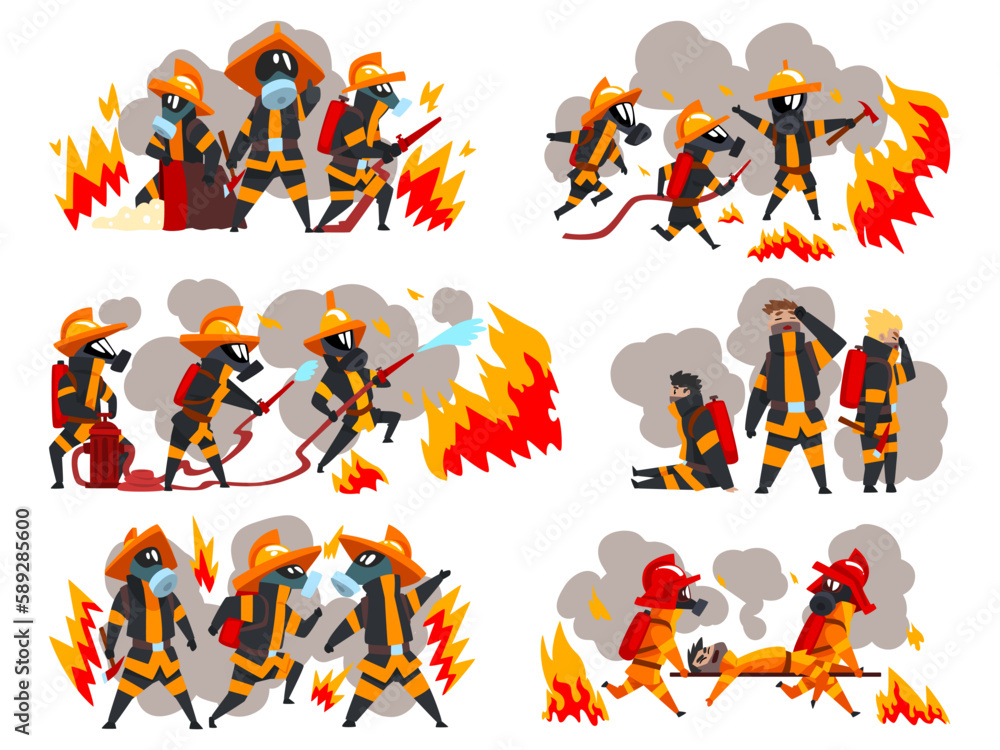 Wall mural Professional firefighter putting out fire with rescue equipment. Firemen characters in uniform and helmets. Rescue emergency service in action vector