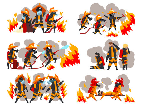 Professional firefighter putting out fire with rescue equipment. Firemen characters in uniform and helmets. Rescue emergency service in action vector