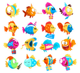 Cute colorful fishes in party hats with gifts. Funny sea animals celebrating birthday cartoon vector