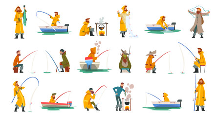 Fisherman with Boat in Coat Capturing and Angling with Fishing Rod Vector Set