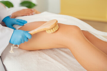 Beautician Making Legs Massage With Dry Brush To Female In Beauty Salon