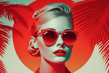 Retro style poster of a young pretty woman wearing fashionable sunglasses. AI generated illustration.