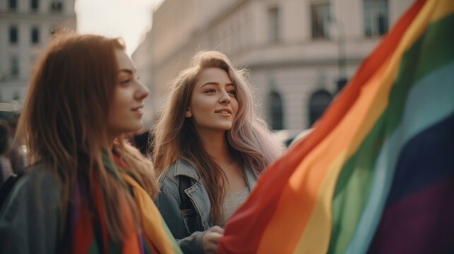 Two Women Friends Hanging Out In The City Waving LGBT With Pride Flag. Generative AI.