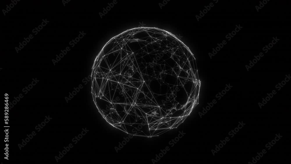 Poster abstract plexus sphere made of white dots and lines on a black background. looped 4k animation.