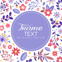 Floral seamless pattern. Wild flowers and leaves on white background and text frame of round shape. Banner, poster, card design vector illustration
