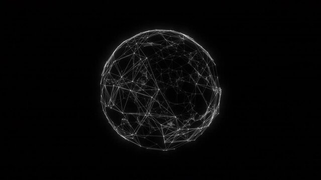 Abstract plexus sphere made of white dots and lines on a black background. Looped 4k animation.
