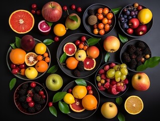 Fresh fruits on a black background. Top view. Flat lay.