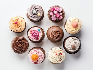 Cupcakes with buttercream frosting on white background, top view.