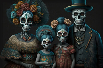 Generative Ai of  Calavera Catrina's family. Day of the Dead concept.	
