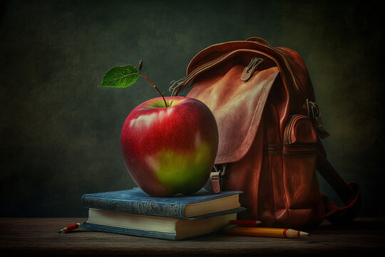 Generative Ai of books and an apple. Back to school concept. 