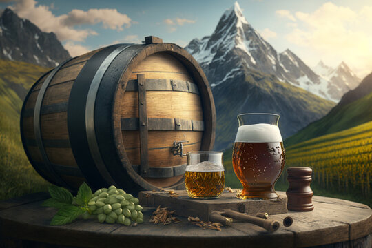 Generative AI of beer barrels and glasses of bear in front of the Alps. Oktoberfest background.