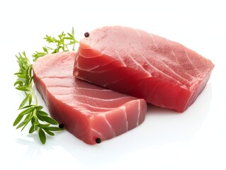 Raw tuna fish fillet with herbs and spices on a white background. - obrazy, fototapety, plakaty