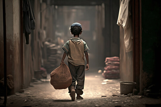 Generative AI of a poor child carrying a bag, image representing child labor. 