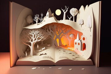 Generative AI of a beautiful story coming to life in a book. Paper art style. 