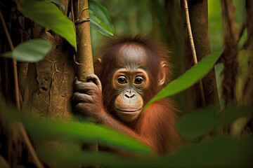 Cute orangutan baby in a rainforest. generative AI. 