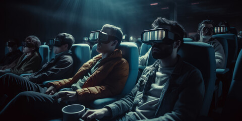 Fototapeta na wymiar Young people wearing VR glasses in the cinema. Movie watching in modern multiplex theatre. Generative AI.
