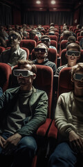 Visitors to cinema sit in comfortable red armchairs wearing special 3d glasses. Film watching in multiplex. Generative AI.