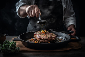 chef expertly preparing, searing and basting a jucy steak in a cast iron pan - Generative AI