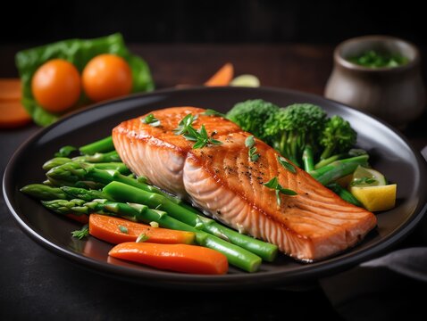 Salmon steak with asparagus and vegetables on a black plate.