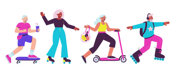 A group of fashionable seniors of different races are actively spending time. Rollerblading, skateboarding, scootering. Active aging. Flat vector illustration of senior active sport.