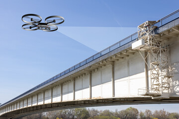3d illustration drone inspecting bridge with lasers - 589288076