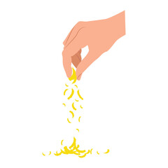 Hand pours grated cheese. The man's hand holds some cheese and the pieces fall down. Vector template for recipes, menu, decor, restaurant, cafe, pizzeria.
