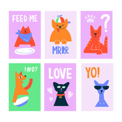 Set of funny postcards with different hand drawn cats. Family of cartoon pets. Types of cats: cool, cute, hungry, cheeky, humorous. Template for postcard, banner, poster, decor.