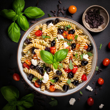 A food photograph of a delicately arranged plate of rustig fussili pasta with green basil, red cherry tomatos, feta chesse and black olives - Generative AI
