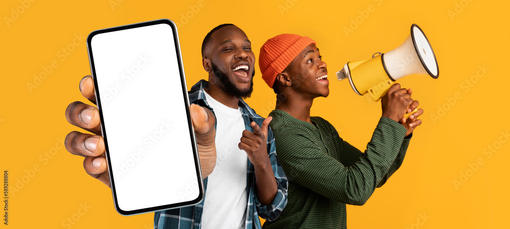 Poster Black Males With Megaphone In Hands Making Announcement And Showing Blank Smartphone