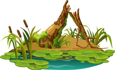 Obraz premium Wooden log in moss in marsh. Cartoon tree in swamp jungle. Broken oak, salvinia, water lily. Isolated vector element on white background.