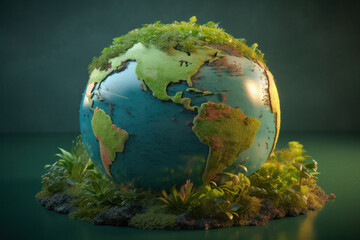 3D Rendering of a Globe Covered with Plants and Water, Symbolizing a Healthy and Sustainable Environment