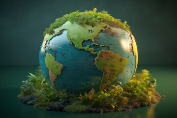 Fototapeta premium 3D Rendering of a Globe Covered with Plants and Water, Symbolizing a Healthy and Sustainable Environment