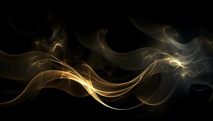 Fototapeta premium Illustration of a golden abstract smoke design on a black background, desktop wallpaper, Generative AI