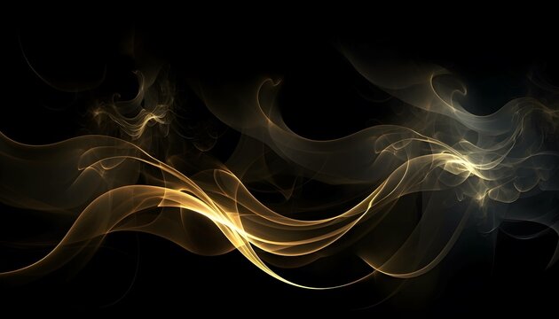 Illustration of a golden abstract smoke design on a black background, desktop wallpaper, Generative AI