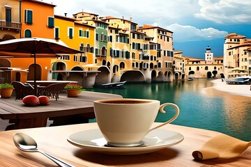 Fototapeta na wymiar A cup of coffee on table with Italian town at the background