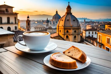 A cup of coffee on table with Italian town at the background - obrazy, fototapety, plakaty