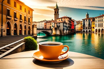 Fototapeta premium A cup of coffee on table with Italian town at the background
