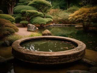 A serene and calming view of a water basin in a Japanese garden