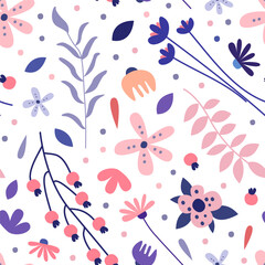 Delicate wildflowers seamless pattern. Floral repeating print for backdrop, wallpaper, packaging, textile cartoon vector
