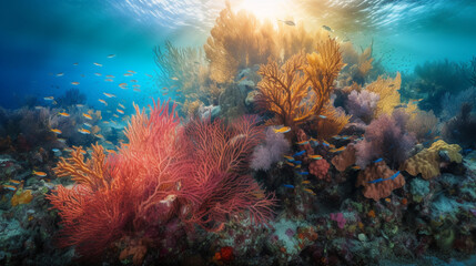 Naklejka na ściany i meble A vibrant coral reef with colorful fish and shimmeri Generative AI