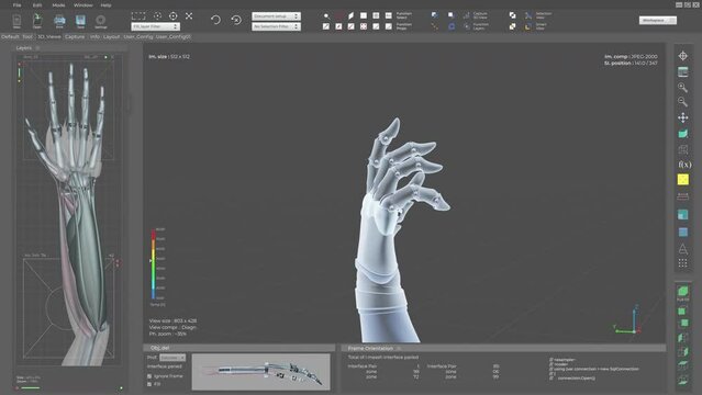 Engineering program ui builds the futuristic robotic prosthetic arm prototype. Computer system ui producing the 3D robotic prosthetic arm. Modern tech ui displays the robotic prosthetic arm project.