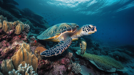 Fototapeta na wymiar A sea turtle swimming in a vibrant coral reef Generative AI