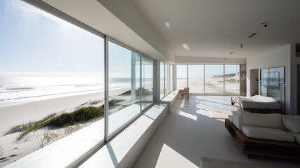 Obraz na płótnie Canvas A minimalist beach house with white walls and panorama Generative AI