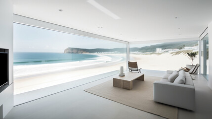 Obraz na płótnie Canvas A minimalist beach house with white walls and panora Generative AI