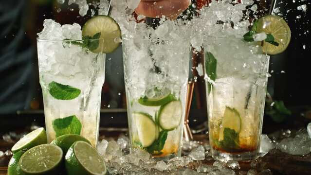 Super Slow Motion Shot of Prepairing Fresh Mojito Drink on Bar With Camera Motion at 1000fps