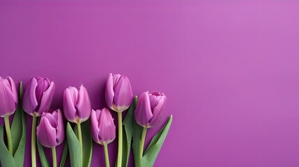 Fototapeta premium Tulips border with copy space on a colored background. Beautiful frame composition of spring flowers. Generative AI