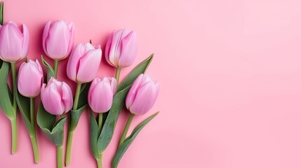 Obraz premium Tulips border with copy space on a colored background. Beautiful frame composition of spring flowers. Generative AI