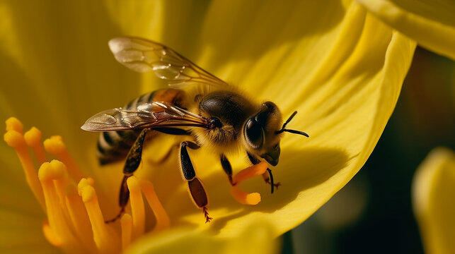 bee collecting pollen from a yellow dafodil - Generative AI